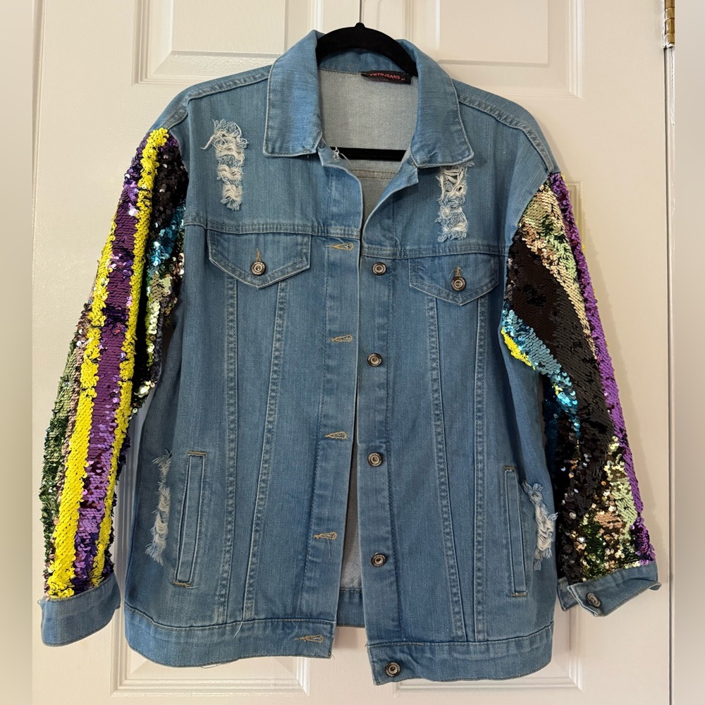Veto Blue Denim Jacket with Multicolor Sequin Sleeves